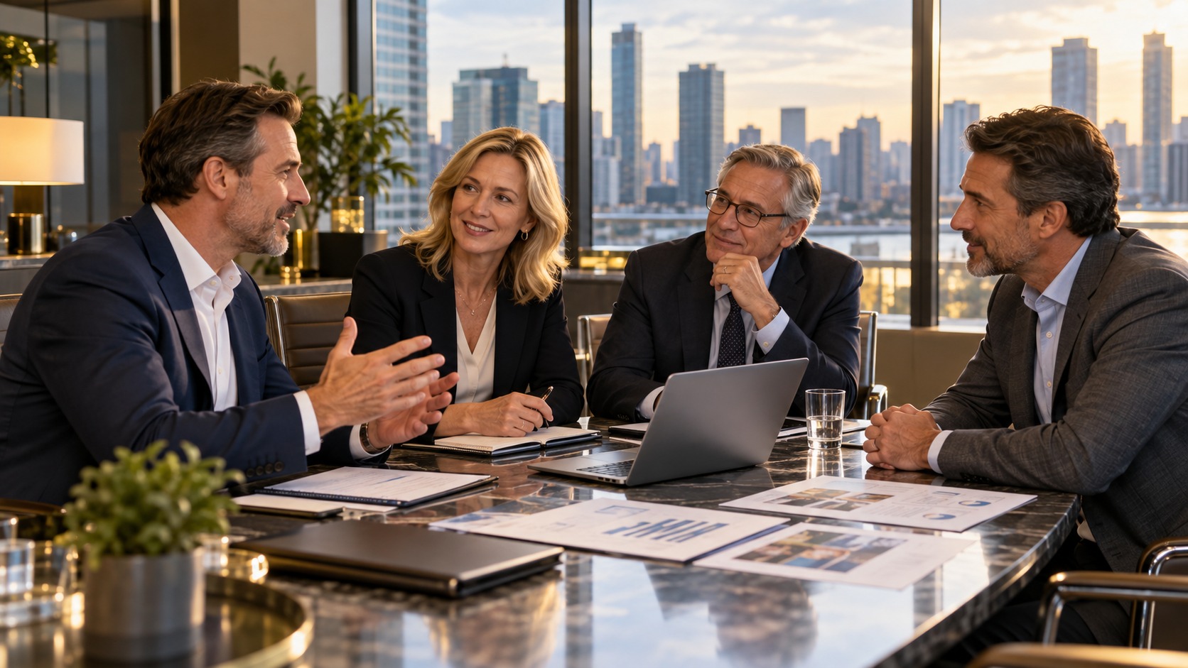 Business owners and commercial finance advisers discussing growth financing, with faces visible