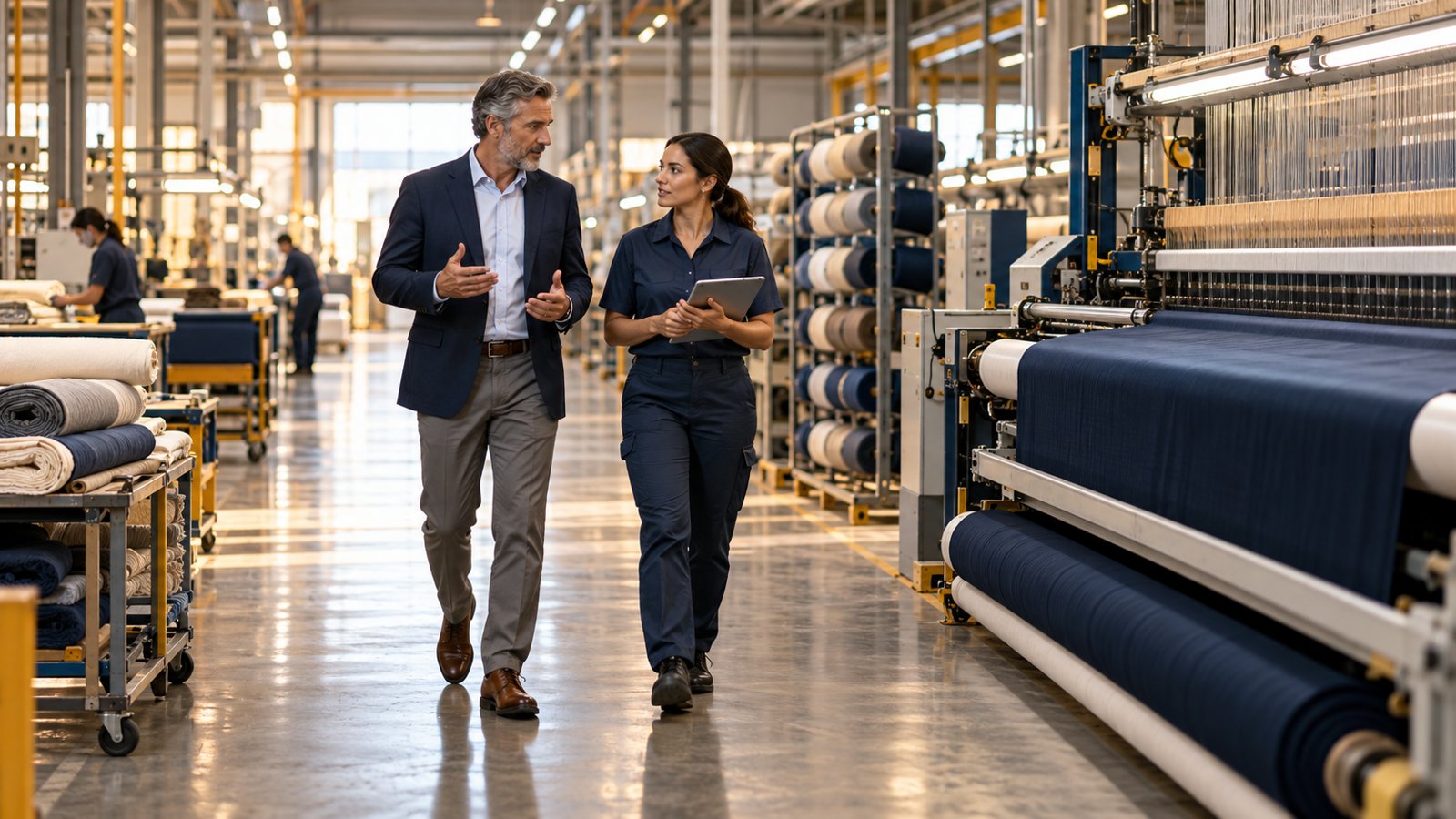 Business owner and manager on a textile production floor