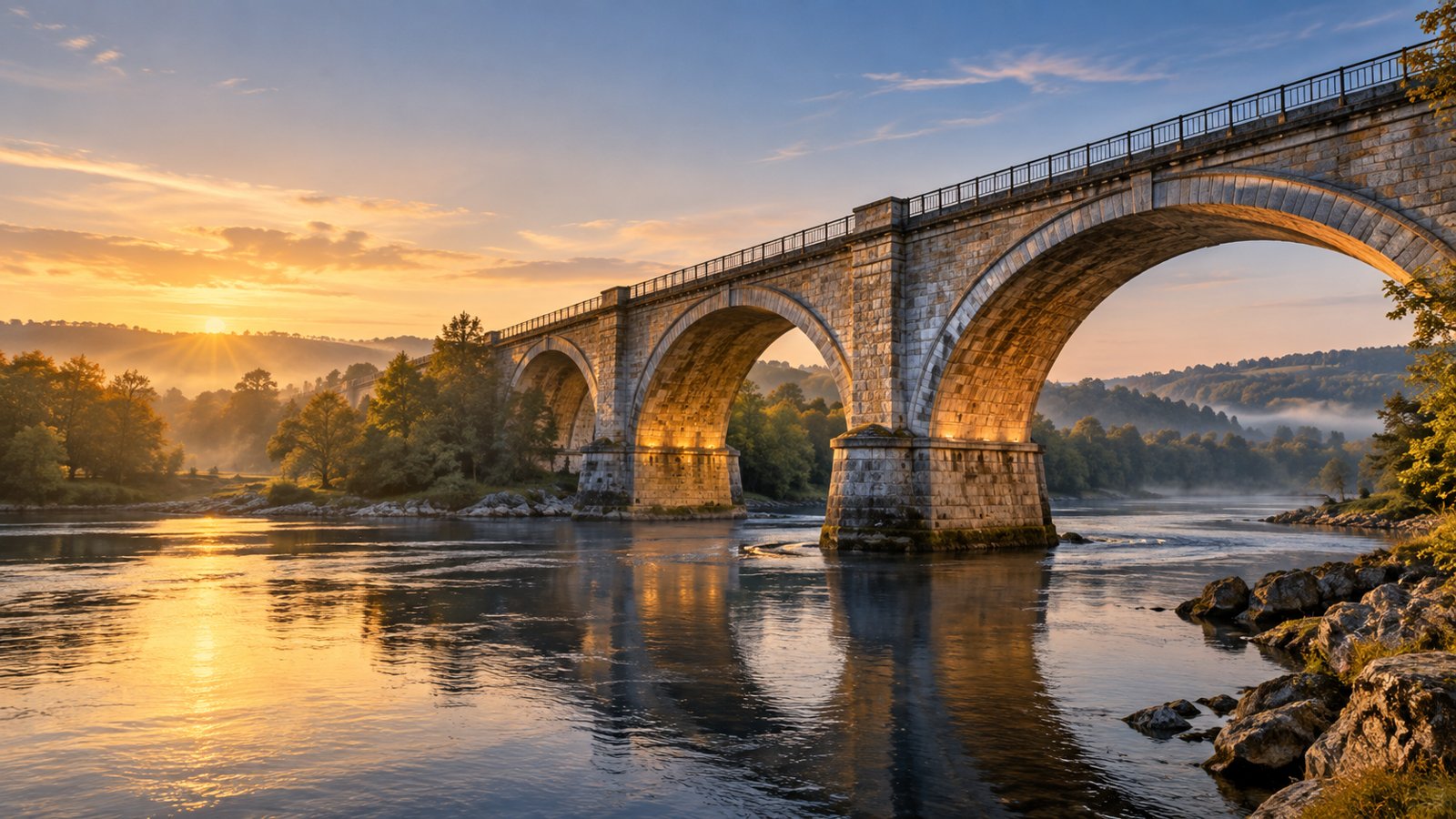 Restored stone railway bridge over a river