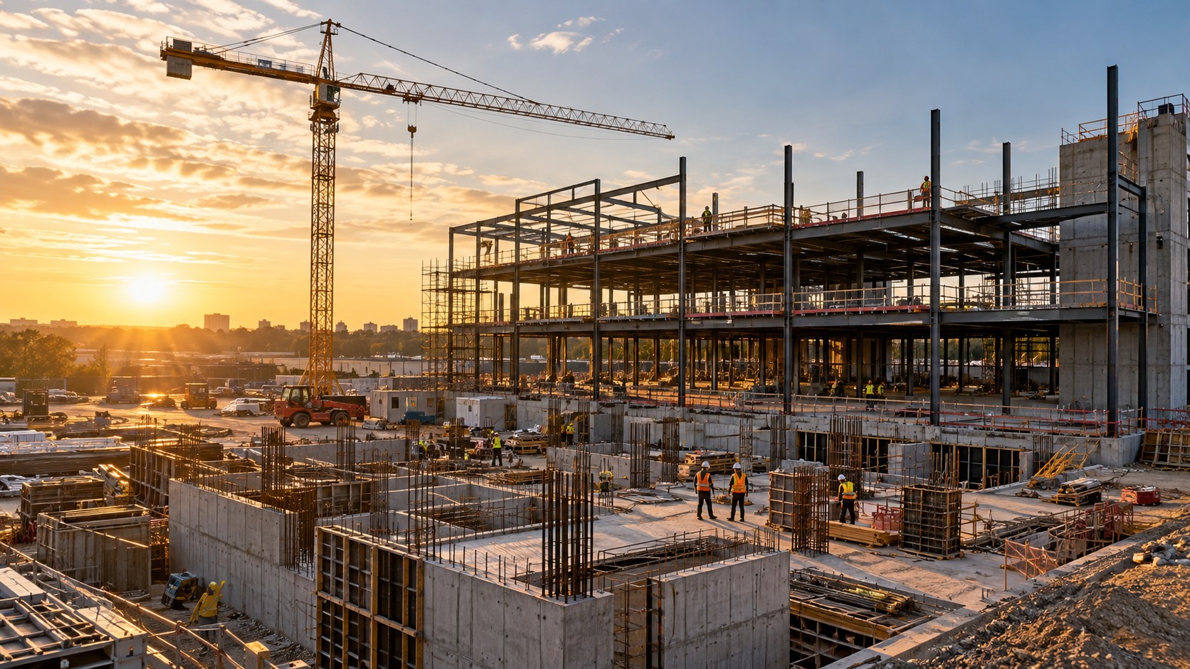 Commercial construction project with steel frame and crane