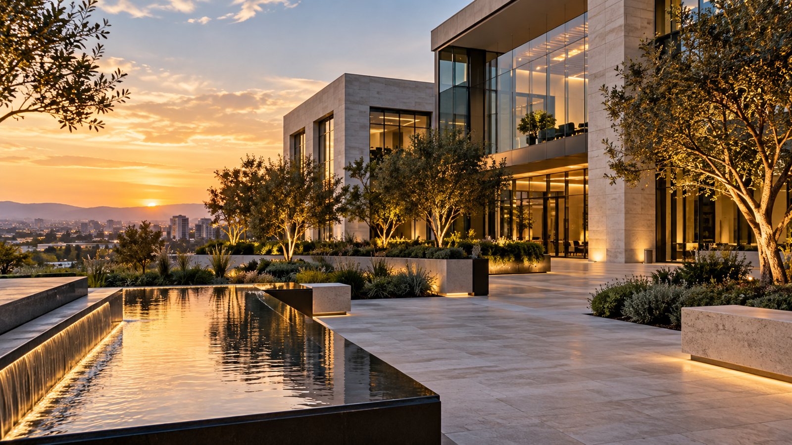 Contemporary office campus plaza