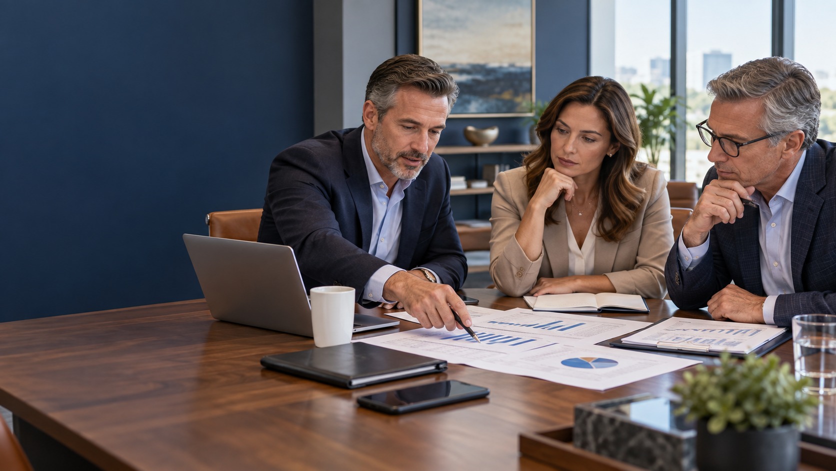 Business owners and adviser pointing to financial schedules during a debt review