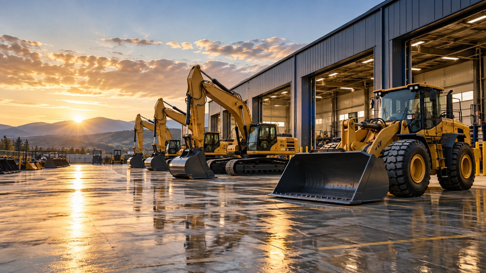Excavators and wheel loaders at an equipment depot