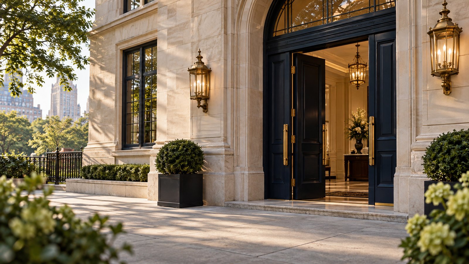 Limestone commercial building entrance