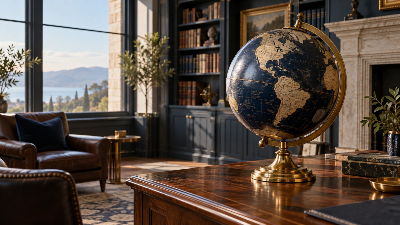 Brass-mounted terrestrial globe in a library