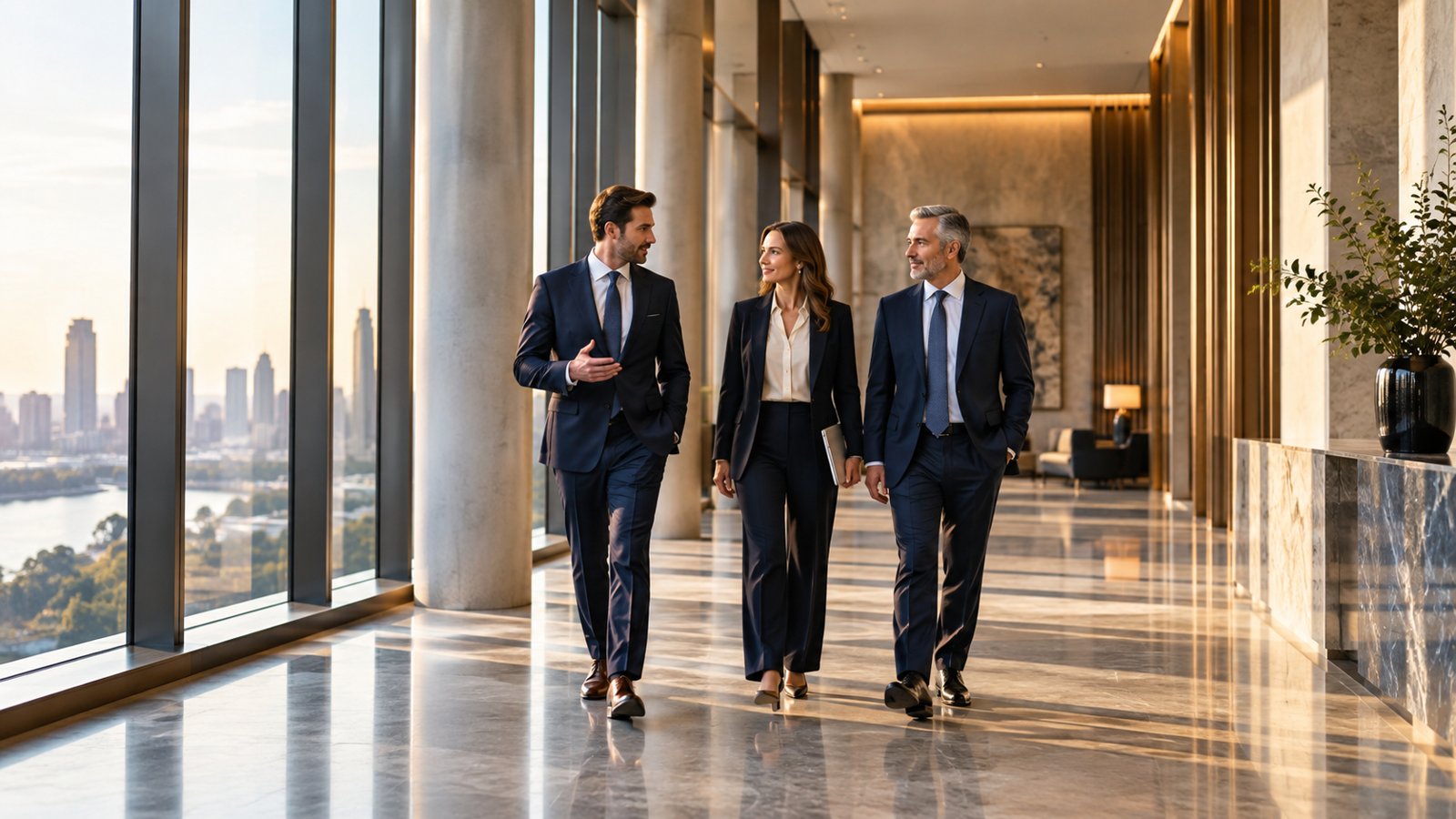Executives walking through a corporate corridor