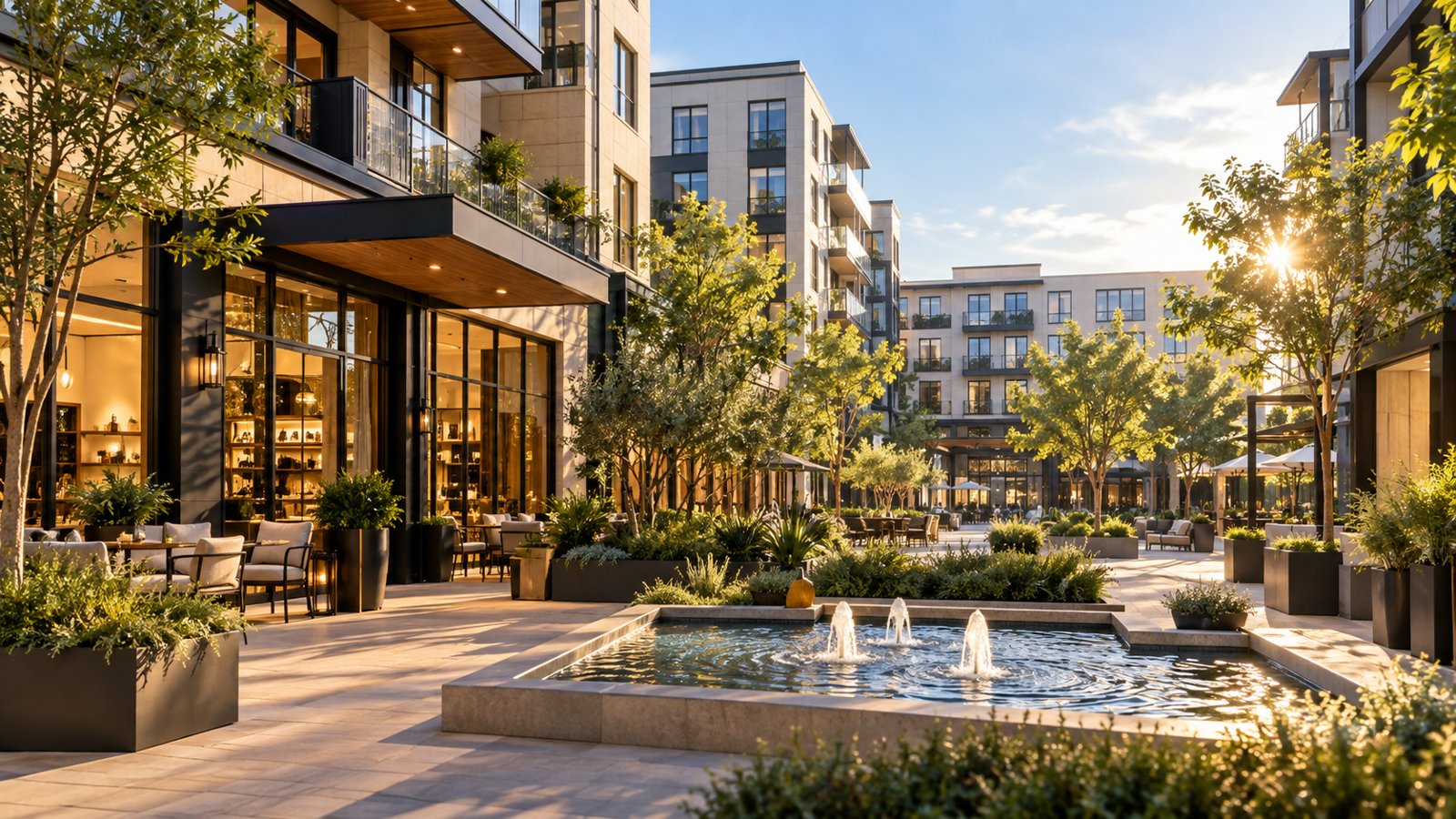 Modern multifamily courtyard with ground-floor shops