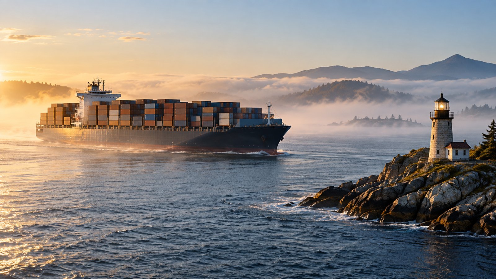 Cargo vessel passing a coastal lighthouse