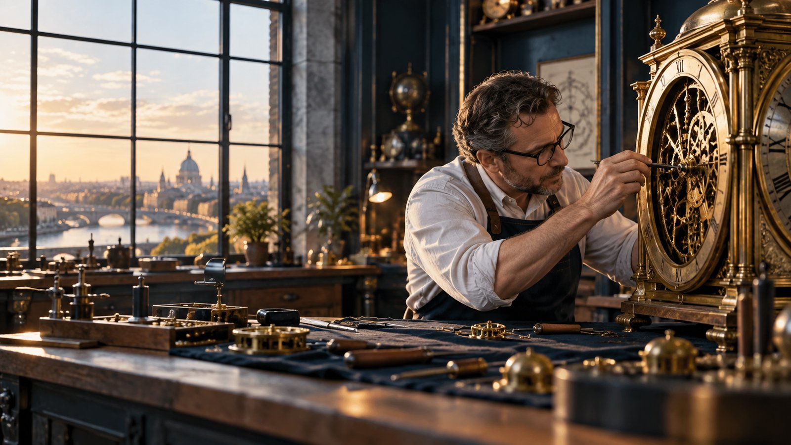 Craftsperson restoring a mechanical clock