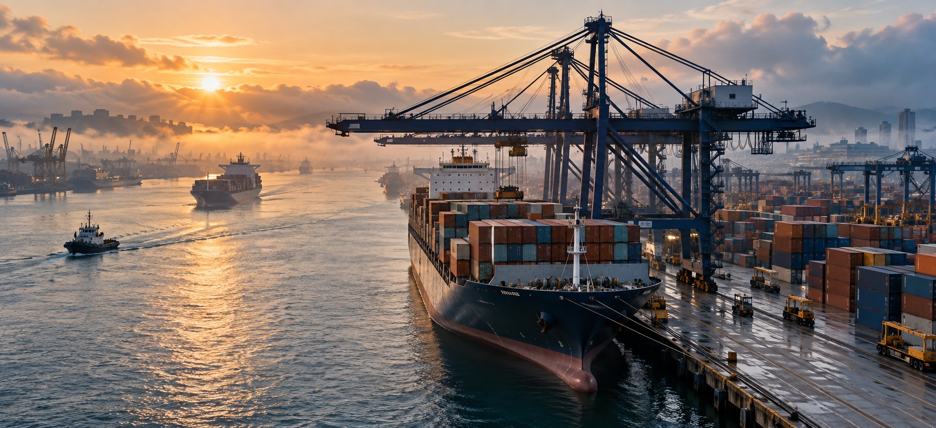 Cargo vessel and container cranes at a commercial port